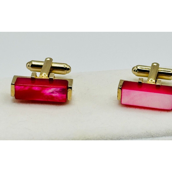 Vintage Gold Tone Glass Stone Red/Pink Rectangle Cufflinks Markers Mark "S" - Picture 2 of 7